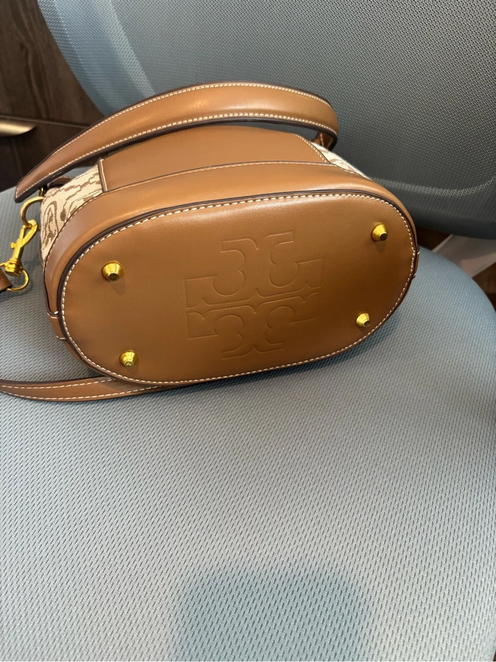 Tory Burch Beige and Brown Logo Canvas Drawstring Mini Bucket Bag